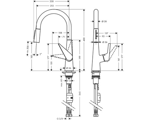 Schéma technique d''un robinet de cuisine avec les dimensions
