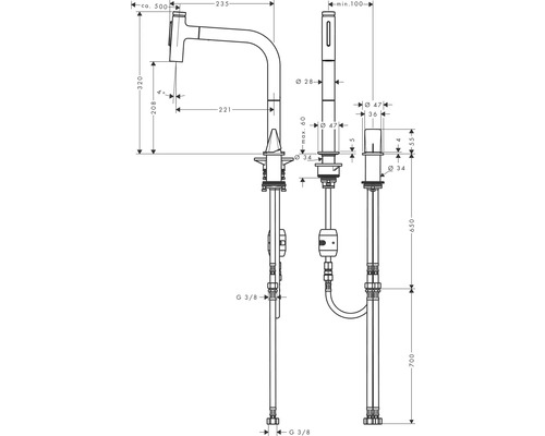 Maßzeichnung einer Küchenarmatur mit den Maßen circa 500, 320, 235, 221 und 208.