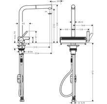 Schéma technique d''un robinet de cuisine avec dimensions