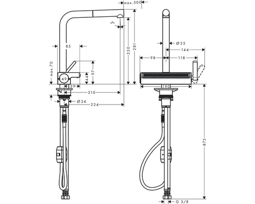 Schéma technique d''un robinet de cuisine avec dimensions