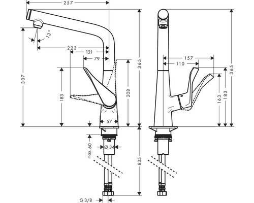 Schéma technique d''un robinet de cuisine avec dimensions