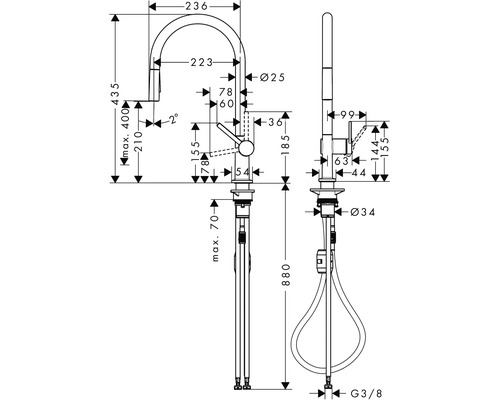 Dessin technique d''un robinet de cuisine avec dimensions.