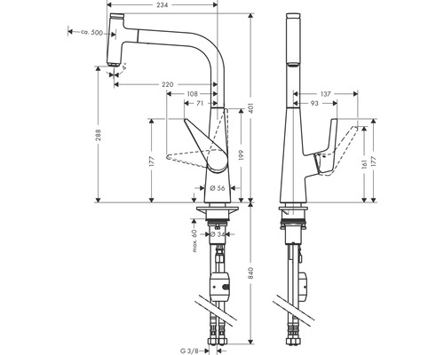 Dessin technique d''un robinet de cuisine avec dimensions.