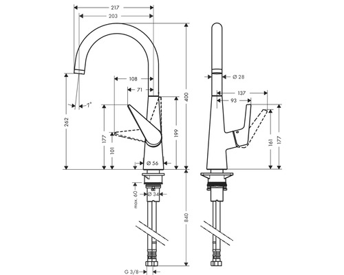 Technische Zeichnung einer Armatur mit Maßen