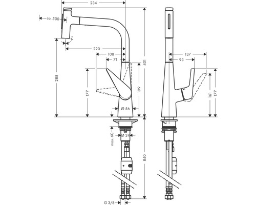 Technische Zeichnung einer Küchenarmatur mit Maßangaben.