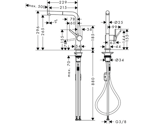 Schéma technique d''un robinet de cuisine avec dimensions
