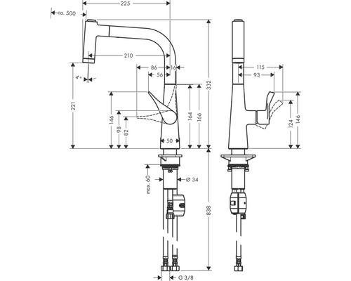 Technische Zeichnung einer Küchenarmatur mit Maßangaben