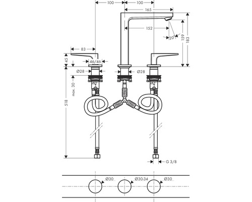Technische Zeichnung einer Armatur mit Maßangaben