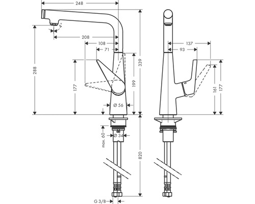 Technische Zeichnung einer Armatur mit Maßangaben.