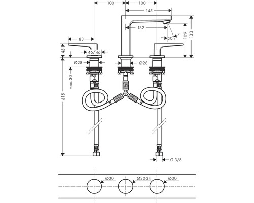 Technische Zeichnung einer Armatur mit Maßangaben