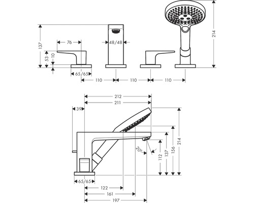 Dessin technique d''un robinet de baignoire avec douchette et indications de mesure.