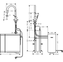 Plan coté d''un robinet d''évier avec chauffe-eau et les dimensions correspondantes