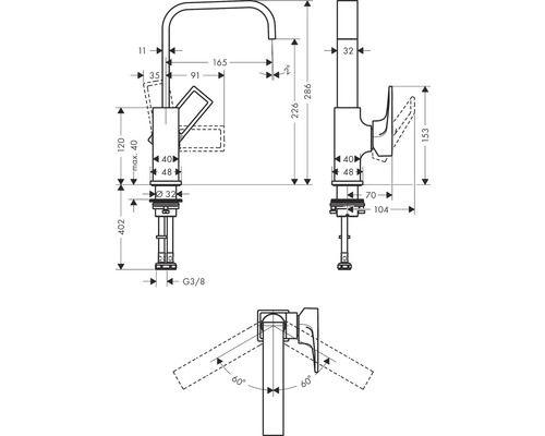 Schéma technique d''un robinet de cuisine avec dimensions