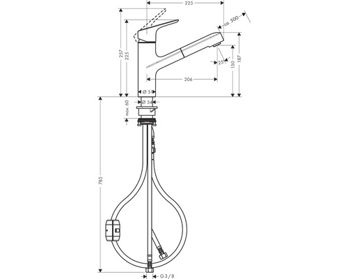 Dessin technique d''un robinet de cuisine avec douchette extractible et indications de mesure