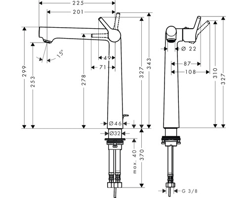 Schéma technique d''un robinet avec indication des dimensions