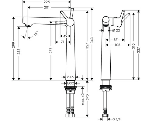 Dessin technique d''un robinet avec dimensions.