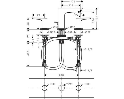 Schéma technique d''un robinet de lavabo avec dimensions.