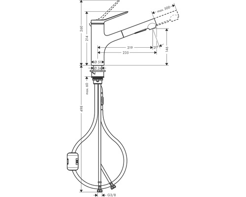 Dessin technique d''un robinet de cuisine avec dimensions