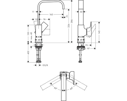 Dessin technique d''un robinet de cuisine avec des mesures