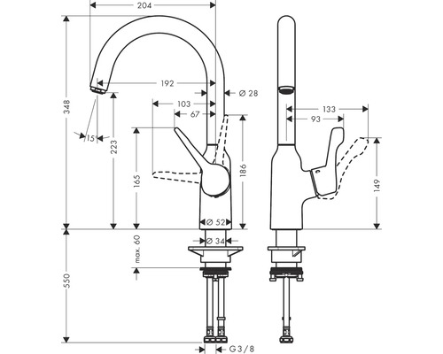 Schéma technique d''un robinet avec indications de dimensions