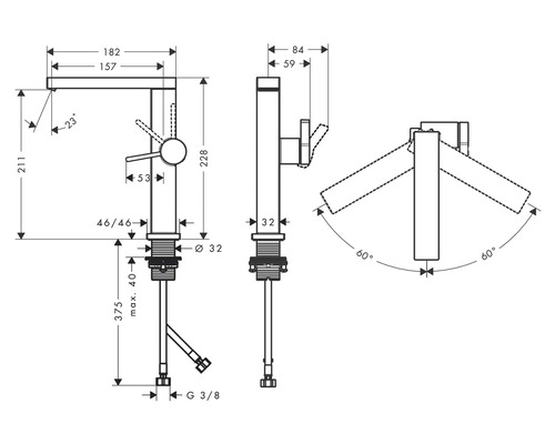 Technische Zeichnung einer Waschtischarmatur mit Maßangaben
