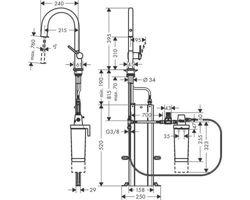 Technische Zeichnung eines Wasserhahns mit Maßen