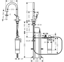 Dessin technique d''un robinet avec filtre et dimensions correspondantes