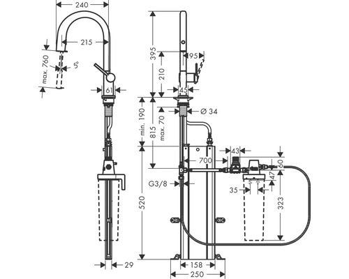 Technische Zeichnung einer freistehenden Armatur mit Maßen
