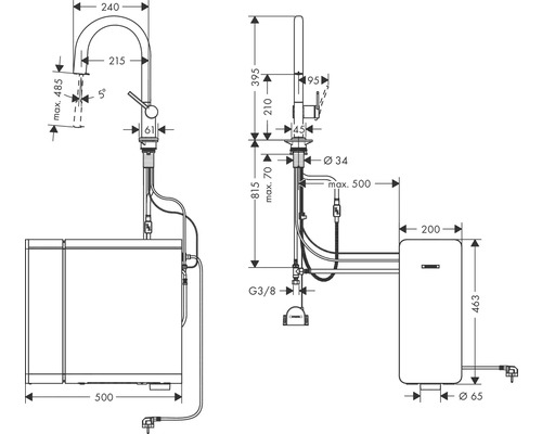 Maßzeichnung einer Küchenarmatur mit Boiler und den entsprechenden Abmessungen