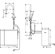 Maßzeichnung einer Küchenarmatur mit Boiler und den entsprechenden Abmessungen.