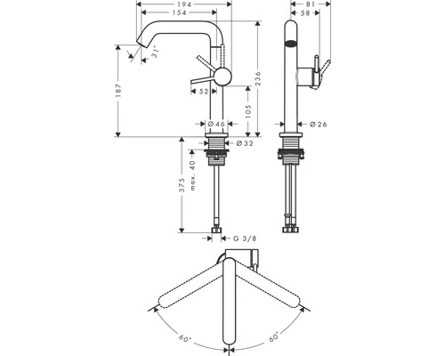 Schéma technique d''un robinet de lavabo avec dimensions