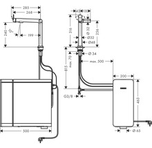 Dessin technique d''un lavabo avec robinetterie et chauffe-eau avec indication des dimensions.