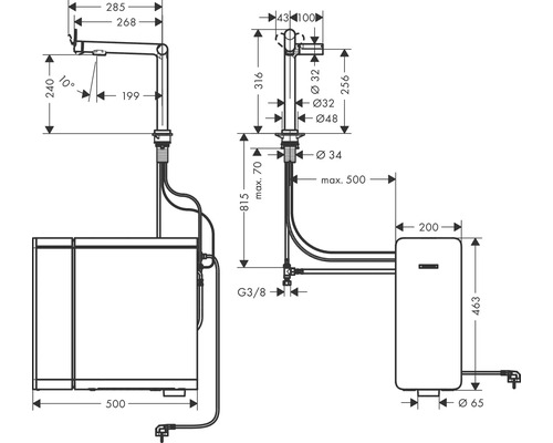 Dessin technique d''un lavabo avec robinetterie et chauffe-eau avec indication des dimensions.