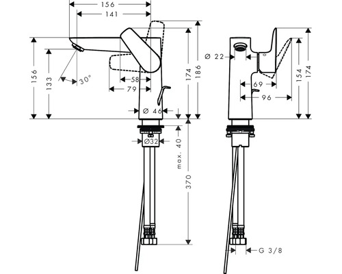 Technische Zeichnung einer Waschtischarmatur mit Maßangaben