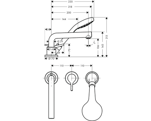 Technische Zeichnung einer Duscharmatur mit Maßangaben