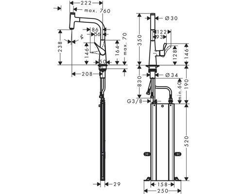 Schéma technique d''un robinet sur pied avec dimensions
