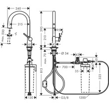 Schéma coté d''un robinet de cuisine avec filtre à eau et les dimensions correspondantes.