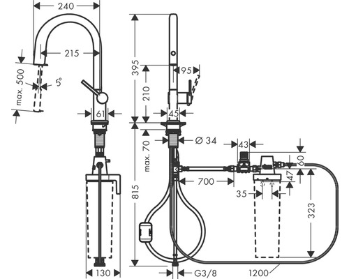 Masszeichnung einer Küchenarmatur mit den zugehörigen Massen.