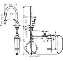 Schéma technique d''un robinet de cuisine avec filtre à eau et indications de dimensions