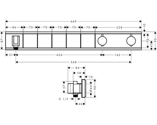 Technische Zeichnung eines Badaccessoires mit Maßen.