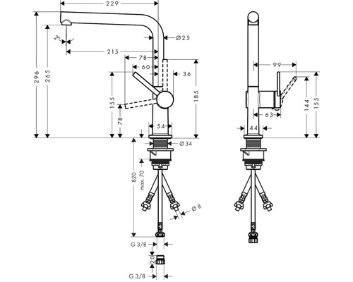 Technische Zeichnung einer Armatur mit Maßangaben
