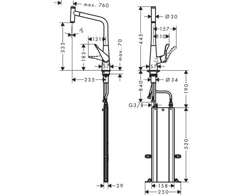 Schéma technique d''un robinet de cuisine avec dimensions.