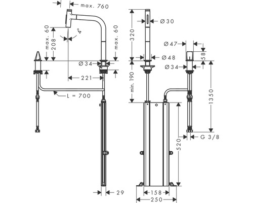 Technische Zeichnung eines Wasserhahns mit Maßangaben