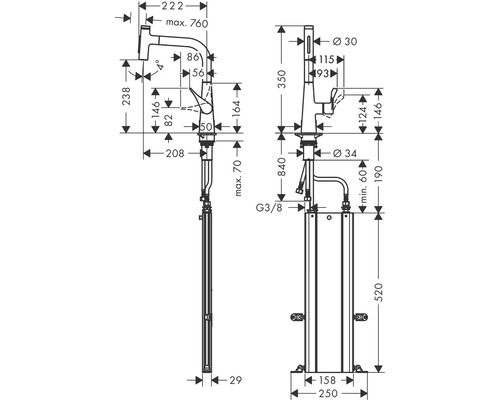 Masszeichnung Waschtischarmatur mit Standfuß