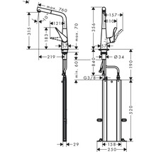 Dessin coté d''un robinet avec toutes les dimensions