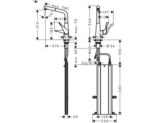 Dessin coté d''un robinet avec toutes les dimensions