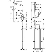 Schéma technique d''un robinet de cuisine avec les dimensions