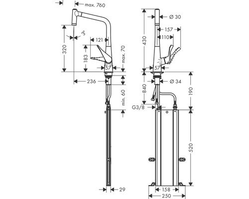 Technische Zeichnung einer Küchenarmatur mit Maßen