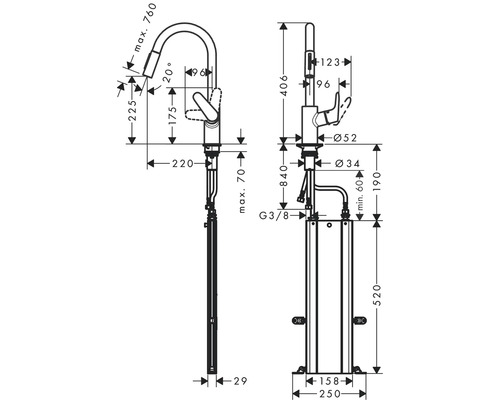 Dessin technique d''un robinet de cuisine îlot avec dimensions.