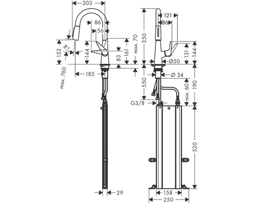 Dessin coté d''un robinet sur pied avec les dimensions correspondantes.